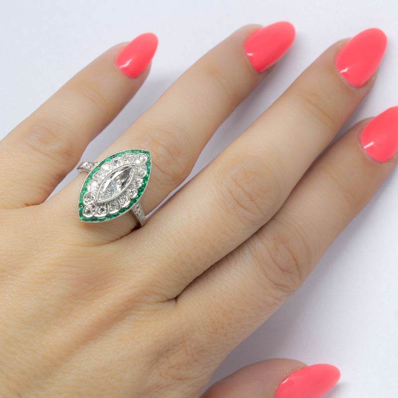 Handmade Platinum Ring with Antique Marquise Diamond and Emeralds