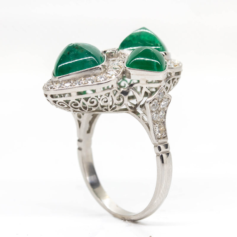 Handmade Platinum Emerald and Old Mine Diamond Ring