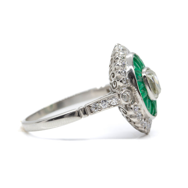 Art Deco Platinum Old Mine Diamond and Natural Emerald Ring