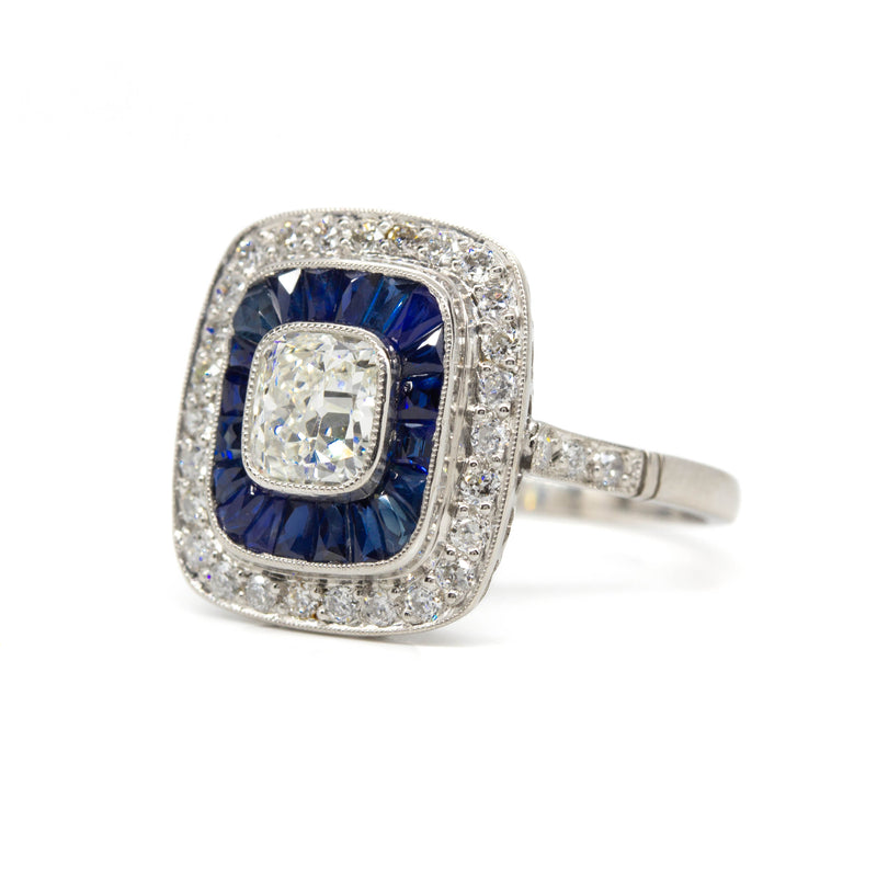 Handmade Platinum Old Mine Diamond and French Cut Sapphire Engagement Ring
