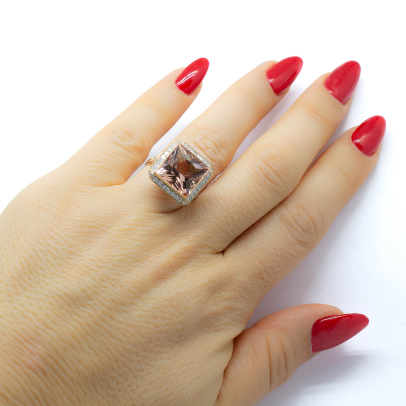 Handmade 18K Natural Morganite and Old Mine Cut Diamond Ring