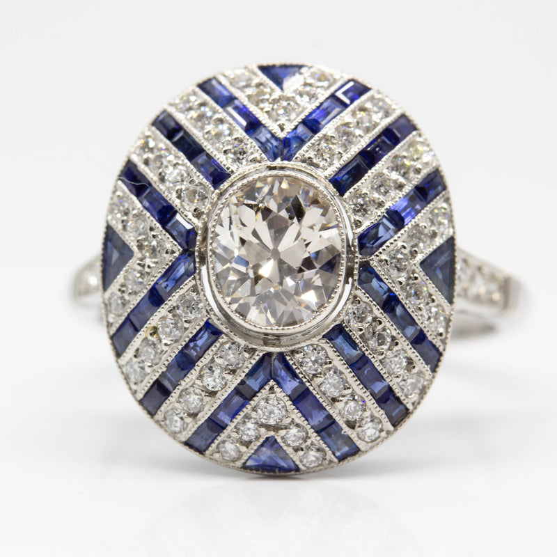 Handmade Platinum Old Mine Diamond and Sapphire Engagement Ring