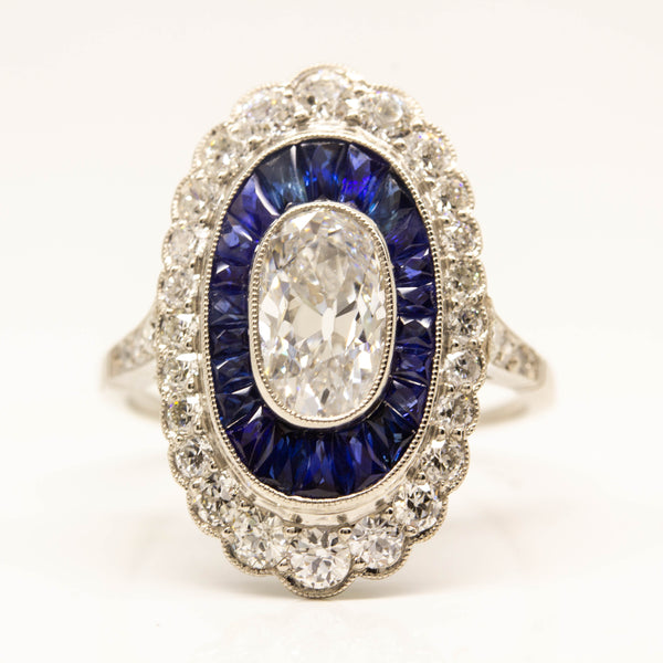 Platinum Antique Moval GIA Diamond & Calibrated Sapphire Engagement Ring