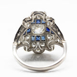 Art Deco Platinum Old Mine Cut Diamond and French cut Sapphire Ring