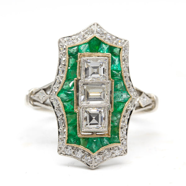 Handmade Platinum Diamond and Emerald Ring