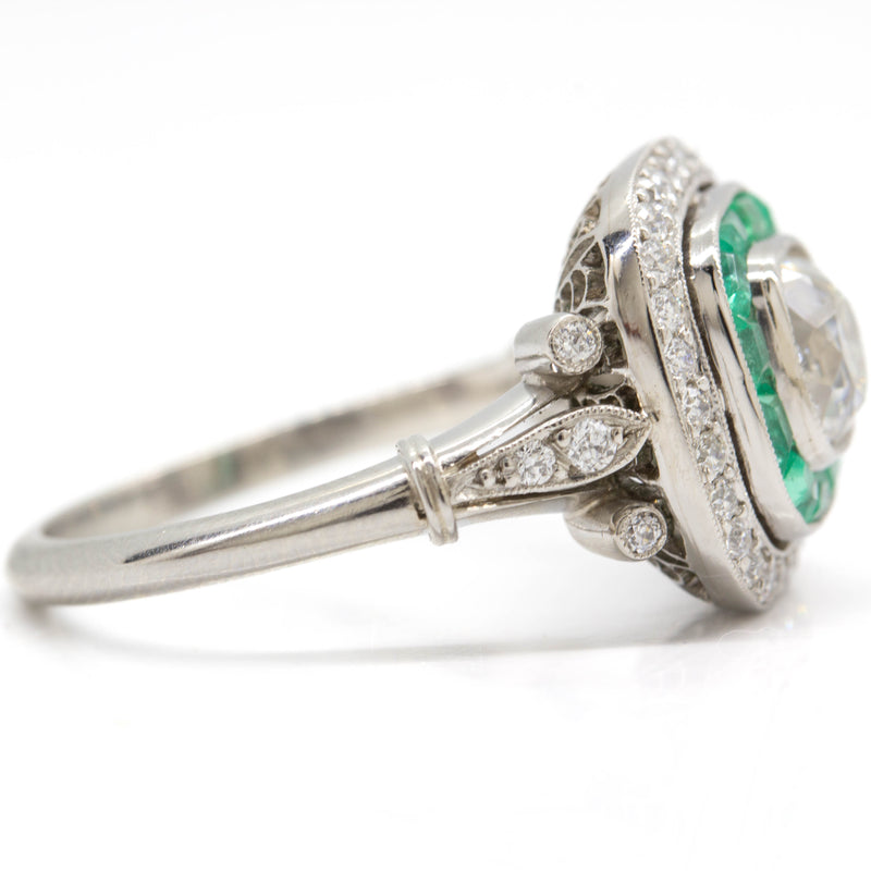 Art Deco Inspired Platinum Old Mine Cut Diamond and Emerald Halo Ring