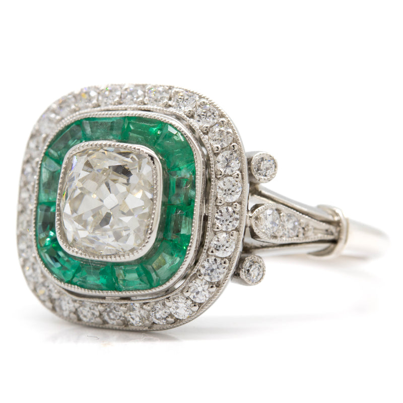 Art Deco Inspired Platinum Old Mine Cut Diamond and Emerald Halo Ring