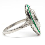 Handmade Platinum Ring with Antique Marquise Diamond and Emeralds