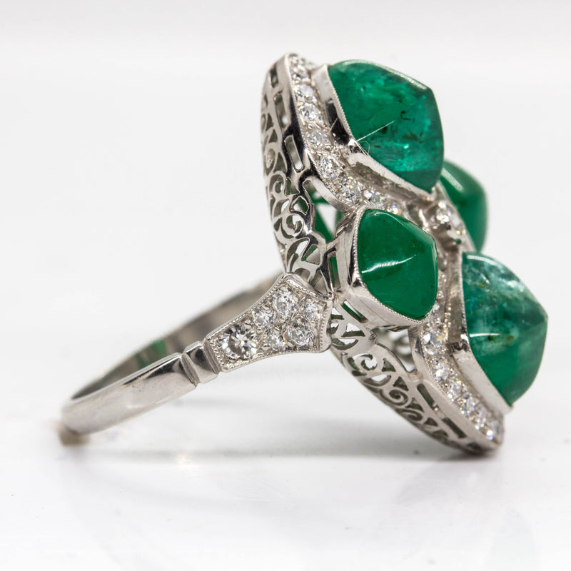 Handmade Platinum Emerald and Old Mine Diamond Ring