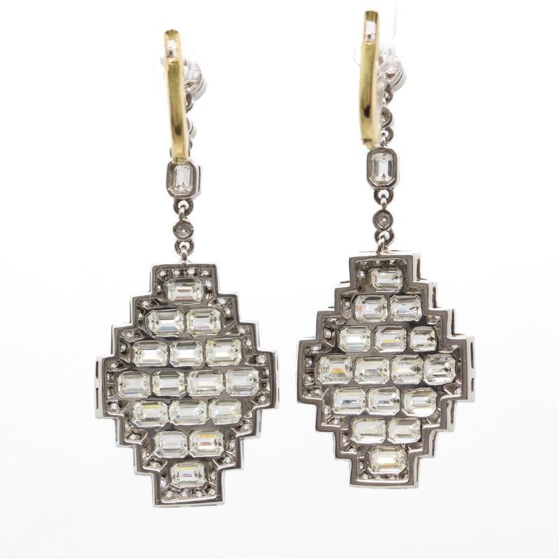 Art Deco Inspired Natural Emerald Cut Diamond and Old Mine Diamond Platinum Earrings