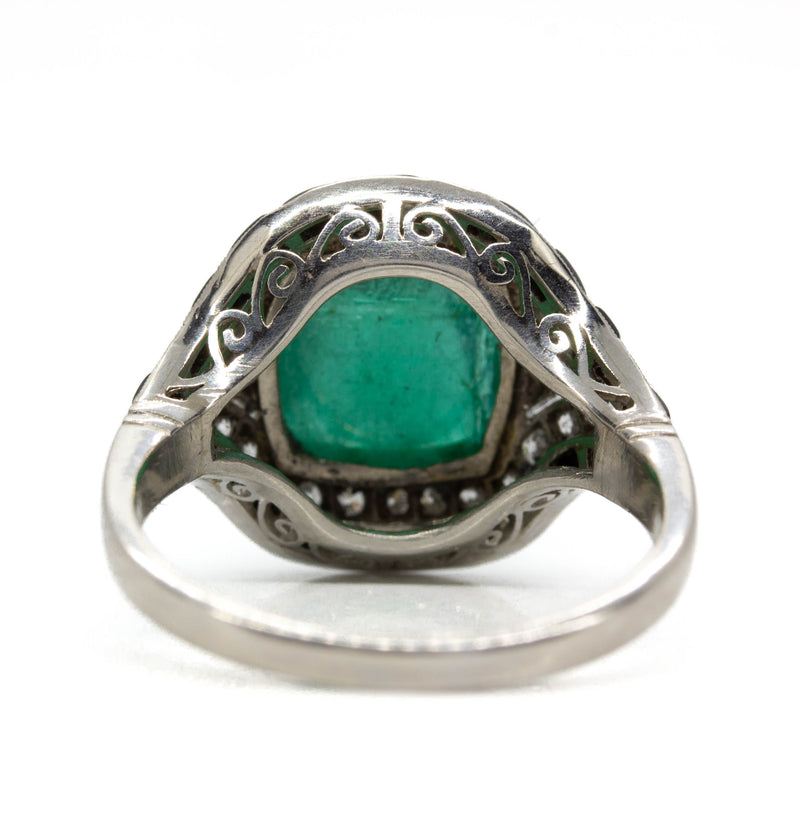 Art Deco Inspired Sugarloaf Emerald and Old Mine Diamond Platinum Ring