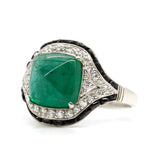 Art Deco Inspired Sugarloaf Emerald and Old Mine Diamond Platinum Ring