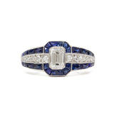 Art Deco Style Handmade Emerald Cut Diamond and Sapphire Engagement Ring