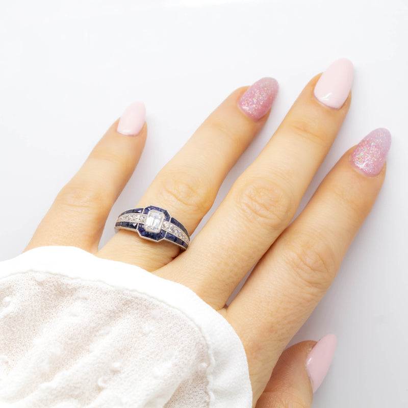 Art Deco Style Handmade Emerald Cut Diamond and Sapphire Engagement Ring