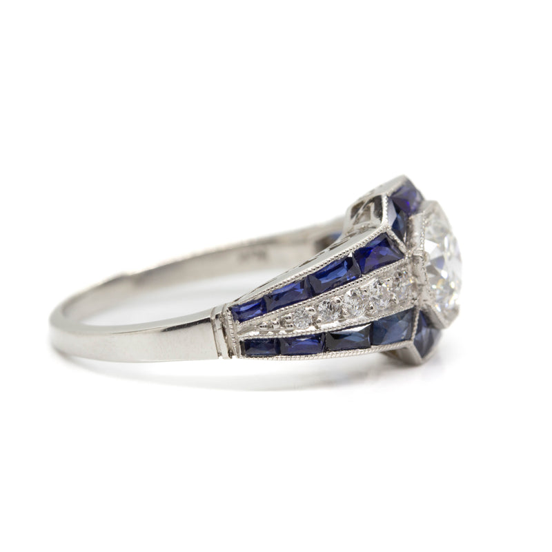 Art Deco Inspired Old European cut Diamond and French cut Sapphire Engagement Ring