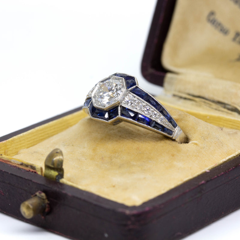 Art Deco Inspired Old European cut Diamond and French cut Sapphire Engagement Ring