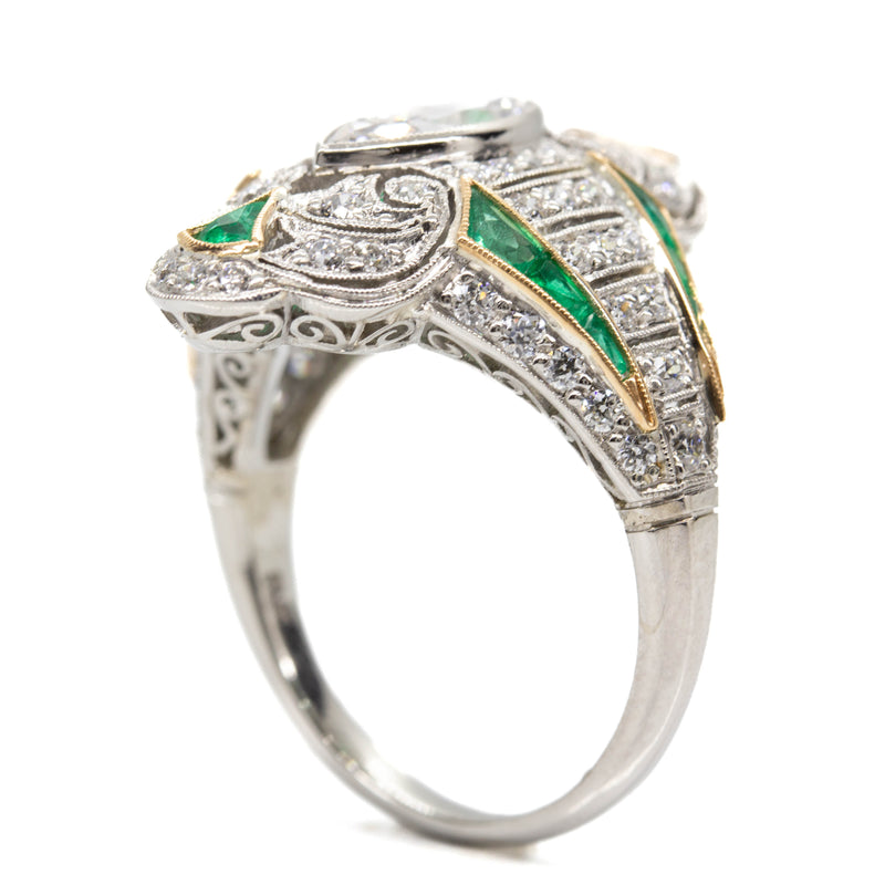 Art Deco Handmade Platinum Old Mine Diamond and French cut Emerald Ring