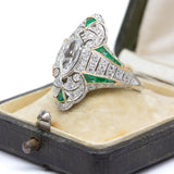 Art Deco Handmade Platinum Old Mine Diamond and French cut Emerald Ring