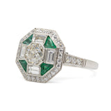 Handmade Platinum Old European Cut Diamond and Natural Emerald Engagement Ring