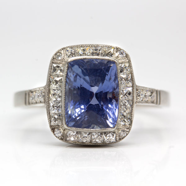 Handmade Platinum Natural Sapphire and French Cut Sapphire Ring