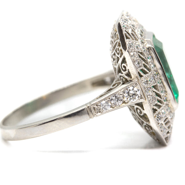 Art Deco Platinum Natural Emerald and Diamond Ring