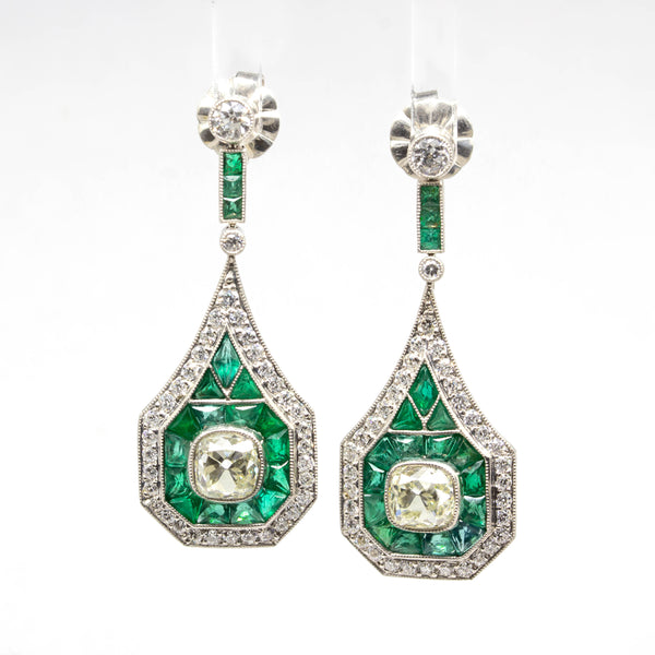 Art Deco Platinum Old Mine Cut Diamond and Natural Emerald Earrings