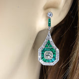 Art Deco Platinum Old Mine Cut Diamond and Natural Emerald Earrings