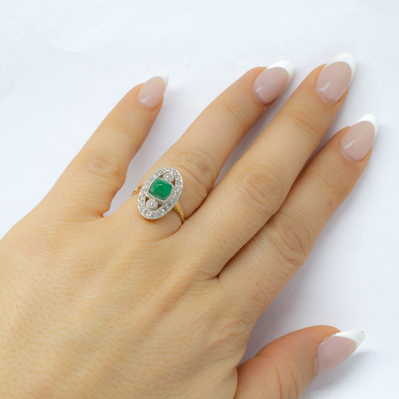 Original Art Deco 18K Gold and Platinum Natural Emerald and Diamond Ring