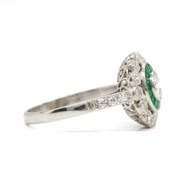 Handmade Platinum Old Mine Diamond and Emerald Engagement Ring