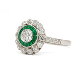 Handmade Platinum Old Mine Diamond and Emerald Engagement Ring
