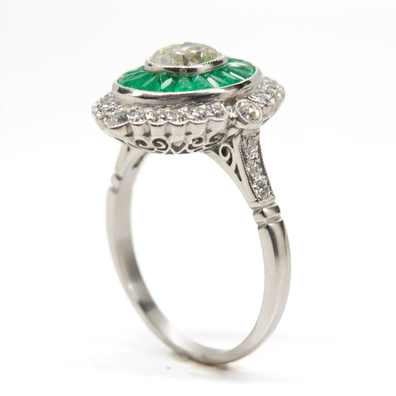 Art Deco Platinum Old Mine Diamond and Natural Emerald Ring