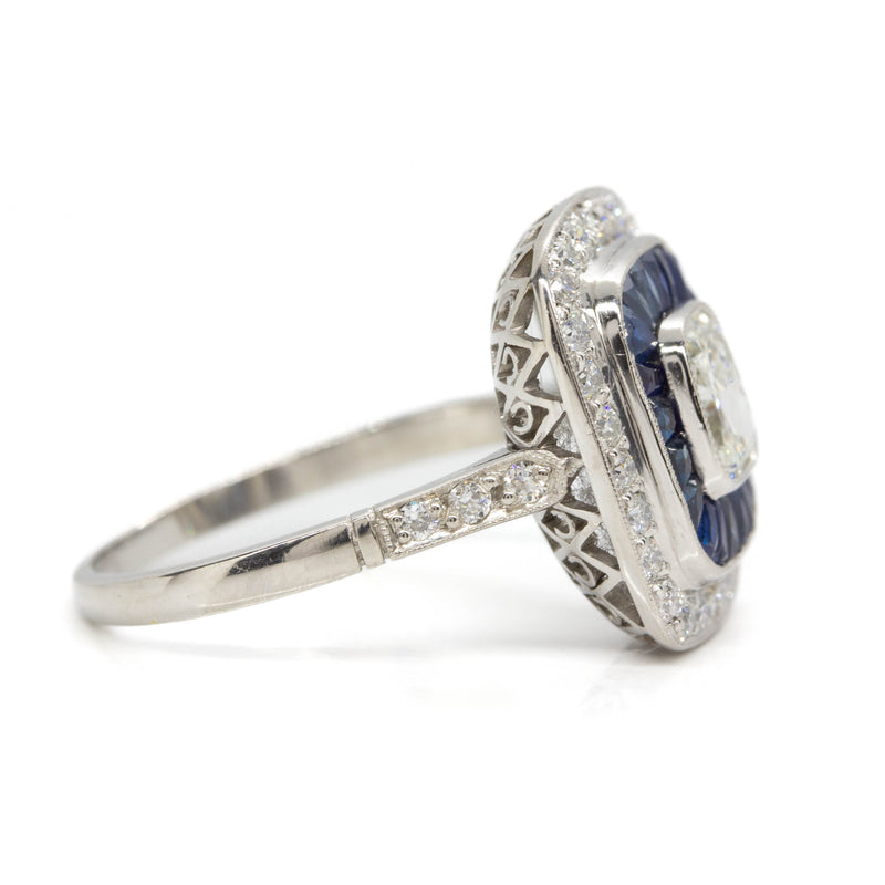 Handmade Platinum Old Mine Diamond and French Cut Sapphire Engagement Ring