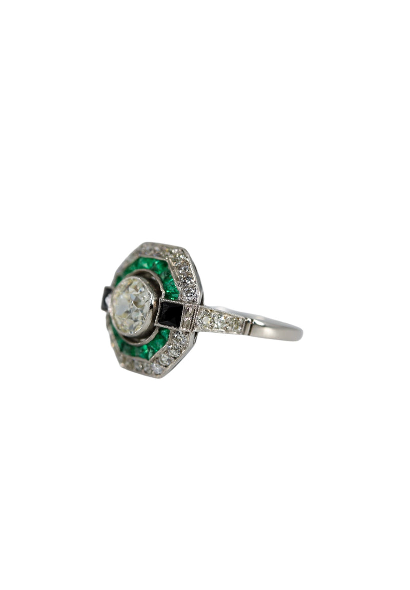 Art deco Platinum, Old Mine Diamond and Emerald Engagement Ring