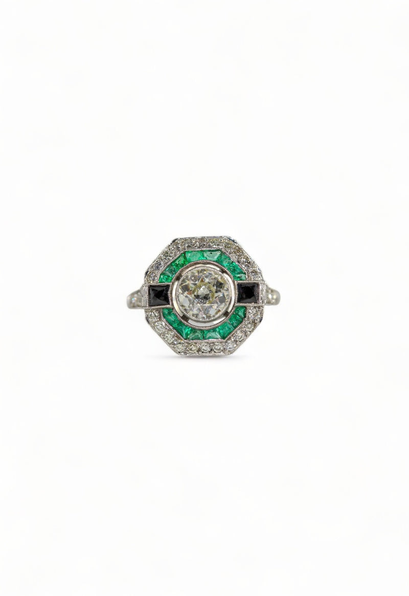 Art deco Platinum, Old Mine Diamond and Emerald Engagement Ring