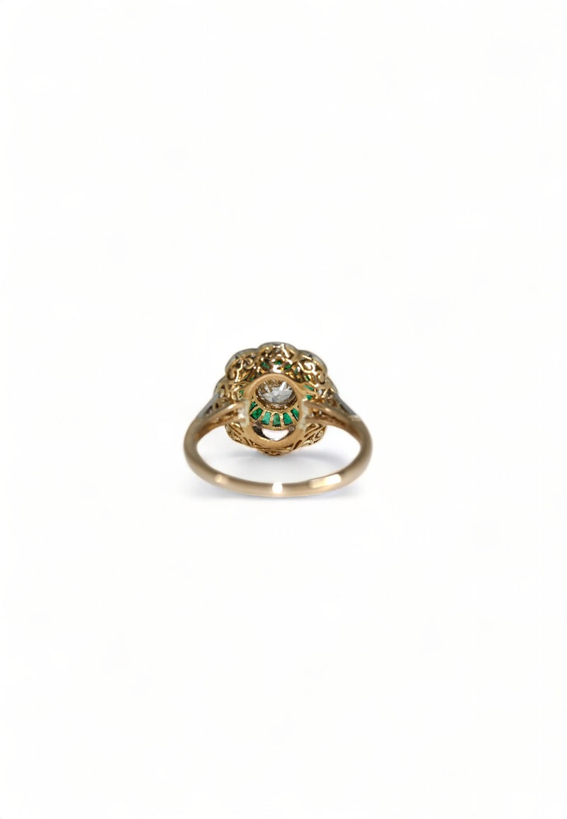 Edwardian 18K and Platinum Old Mine Diamond and Emerald Engagement Ring