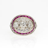 Art Deco Platinum Natural Old Mine Cut Diamond and Natural Ruby Ring