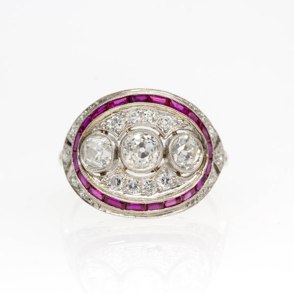 Art Deco Platinum Natural Old Mine Cut Diamond and Natural Ruby Ring