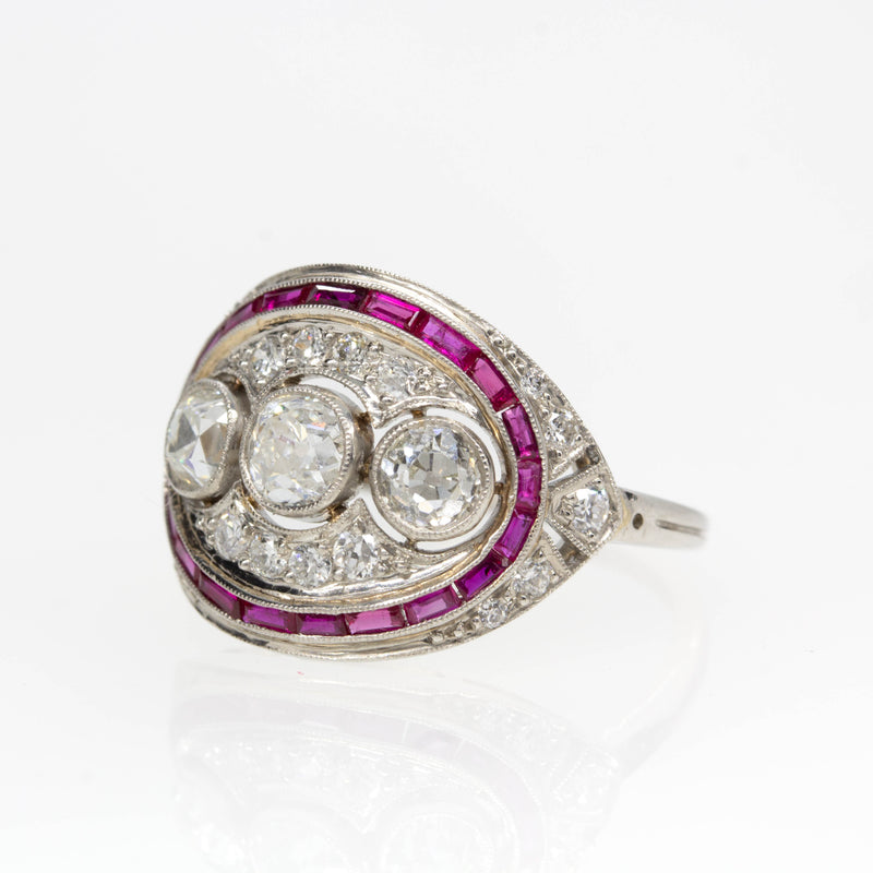 Art Deco Platinum Natural Old Mine Cut Diamond and Natural Ruby Ring