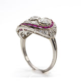 Art Deco Platinum Natural Old Mine Cut Diamond and Natural Ruby Ring