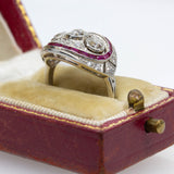 Art Deco Platinum Natural Old Mine Cut Diamond and Natural Ruby Ring