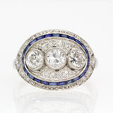 Art Deco Inspired Platinum Old Mine Diamond and Natural Sapphire Ring