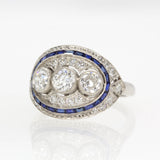 Art Deco Inspired Platinum Old Mine Diamond and Natural Sapphire Ring