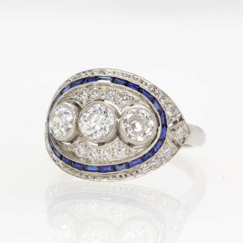 Art Deco Inspired Platinum Old Mine Diamond and Natural Sapphire Ring