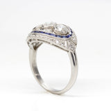Art Deco Inspired Platinum Old Mine Diamond and Natural Sapphire Ring