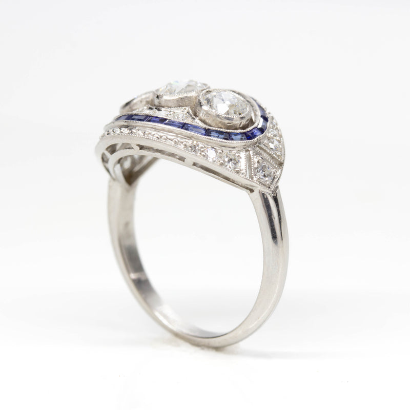 Art Deco Inspired Platinum Old Mine Diamond and Natural Sapphire Ring