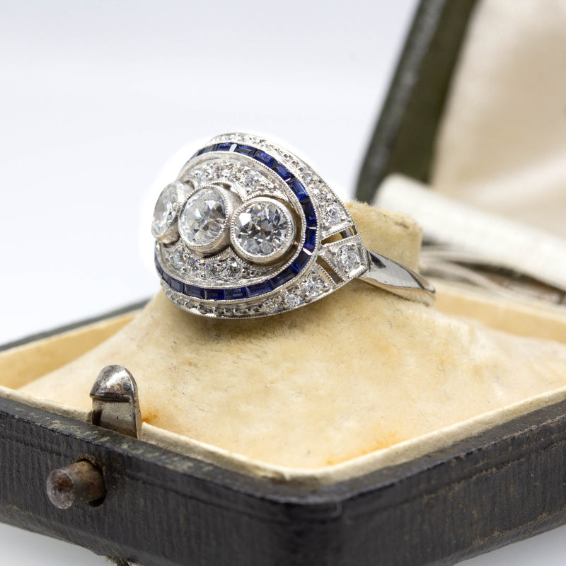 Art Deco Inspired Platinum Old Mine Diamond and Natural Sapphire Ring