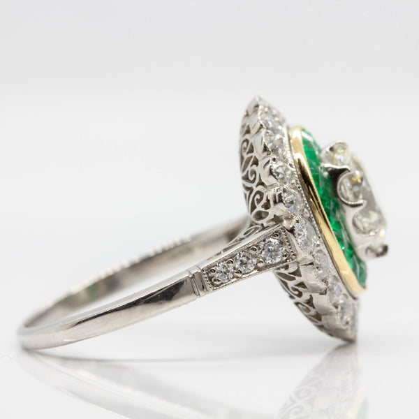 Handmade Platinum Diamond and Emerald Engagement Ring