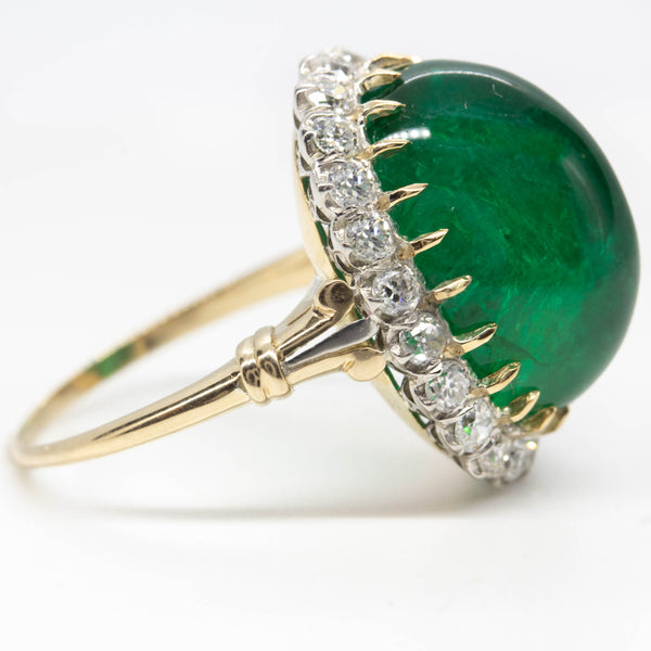 Antique 18K and Platinum Natural Emerald and Old Mine Cut Diamond Ring
