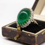 Antique 18K and Platinum Natural Emerald and Old Mine Cut Diamond Ring