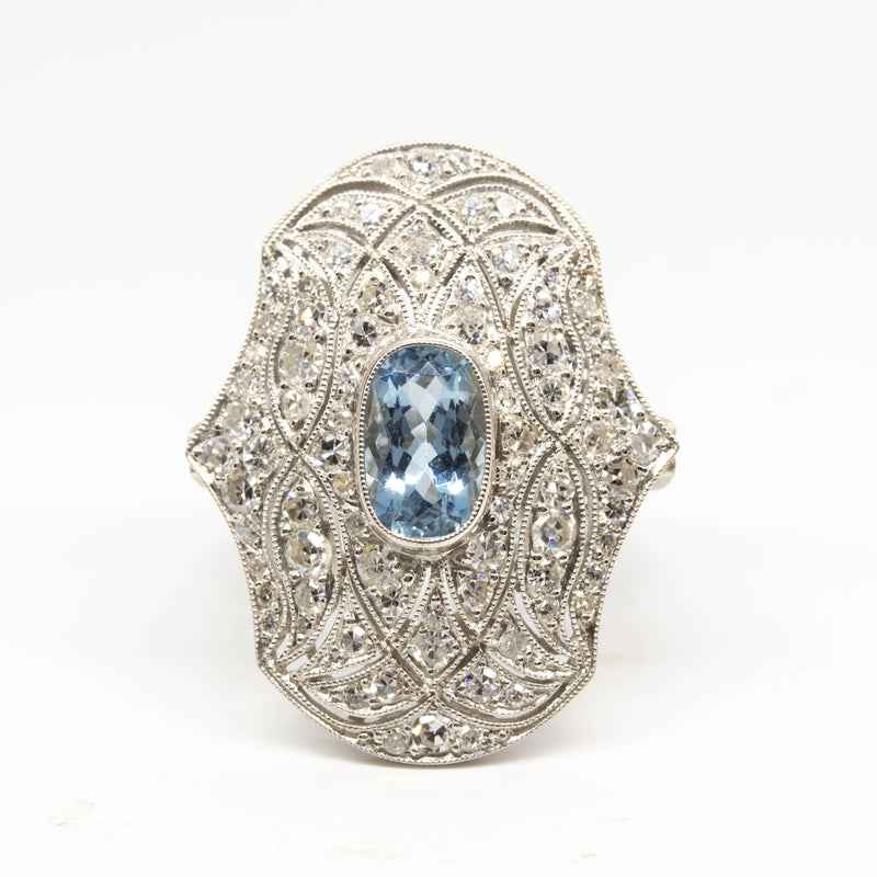 Handmade Platinum Natural Aquamarine and Diamond Ring + Resizing to T